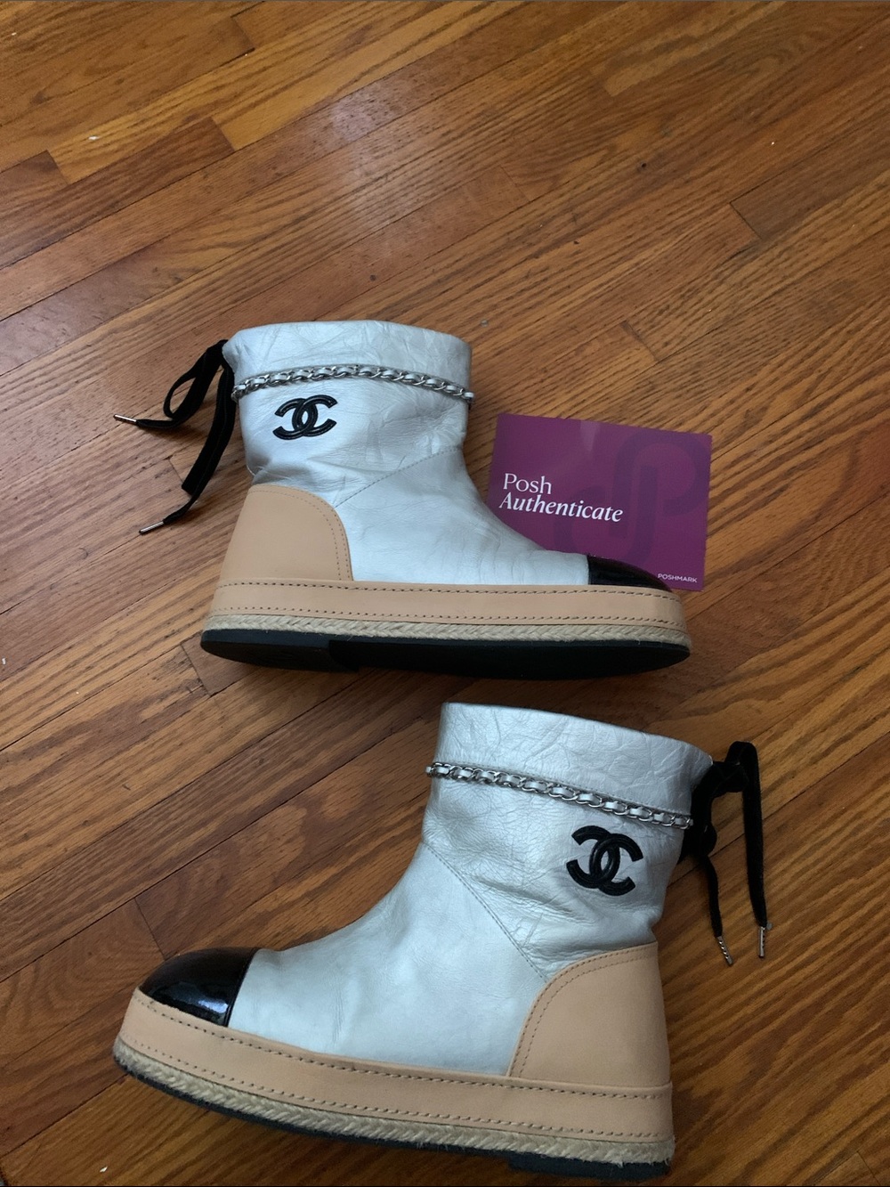 CHANEL White, Beige & Black  Leather Ankle Boots with Chain Trim